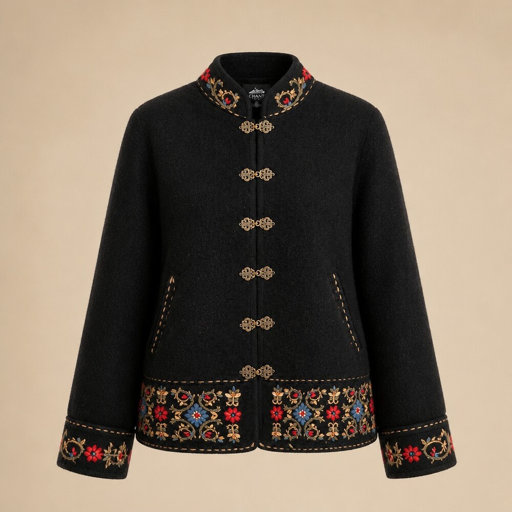 Icelandic Design Vintage Black Wool Jacket Floral Embroidery Size L